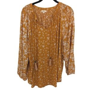 Mason & Belle Boho Blouse Womens XL Mustard Yellow Floral Smocked V Neck Tassel